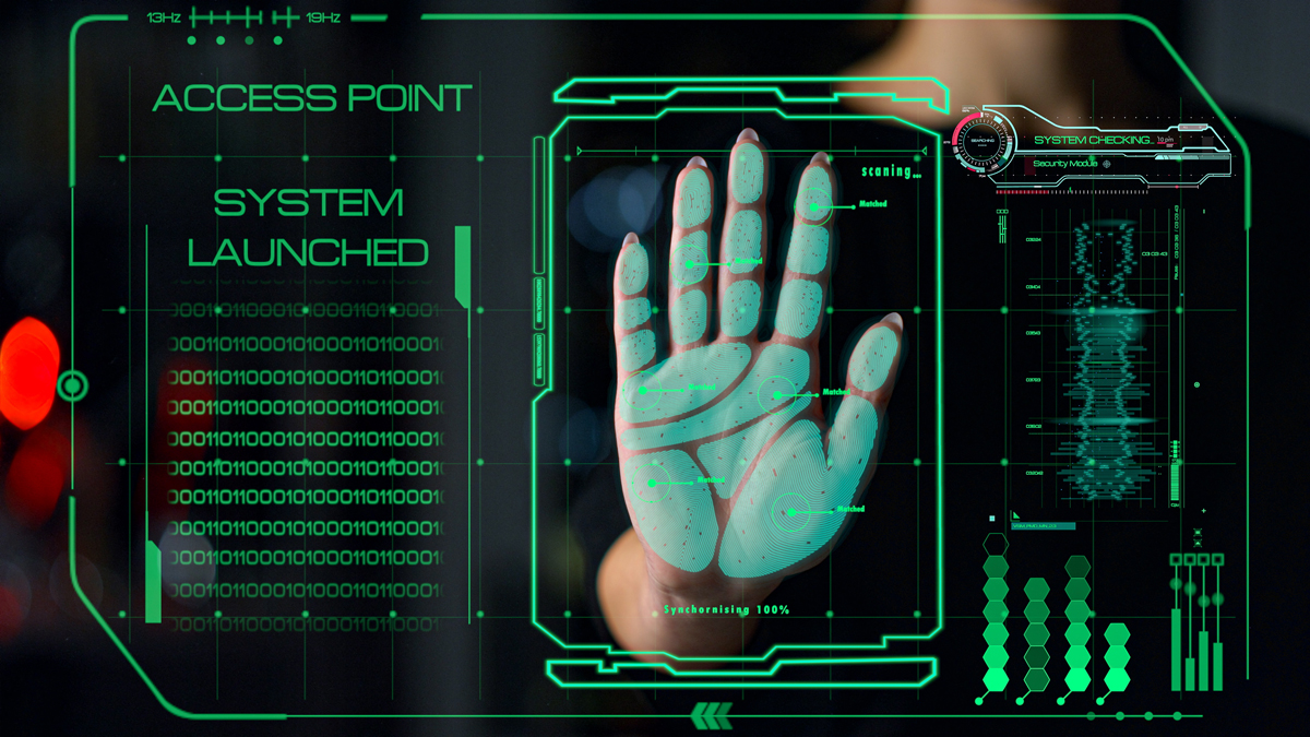 Biometrical palm system accessing user connection identifying human hand print closeup. Modern fingerprint authorization program checking person approve id security access. Digital protection concept (c) AdobeStock