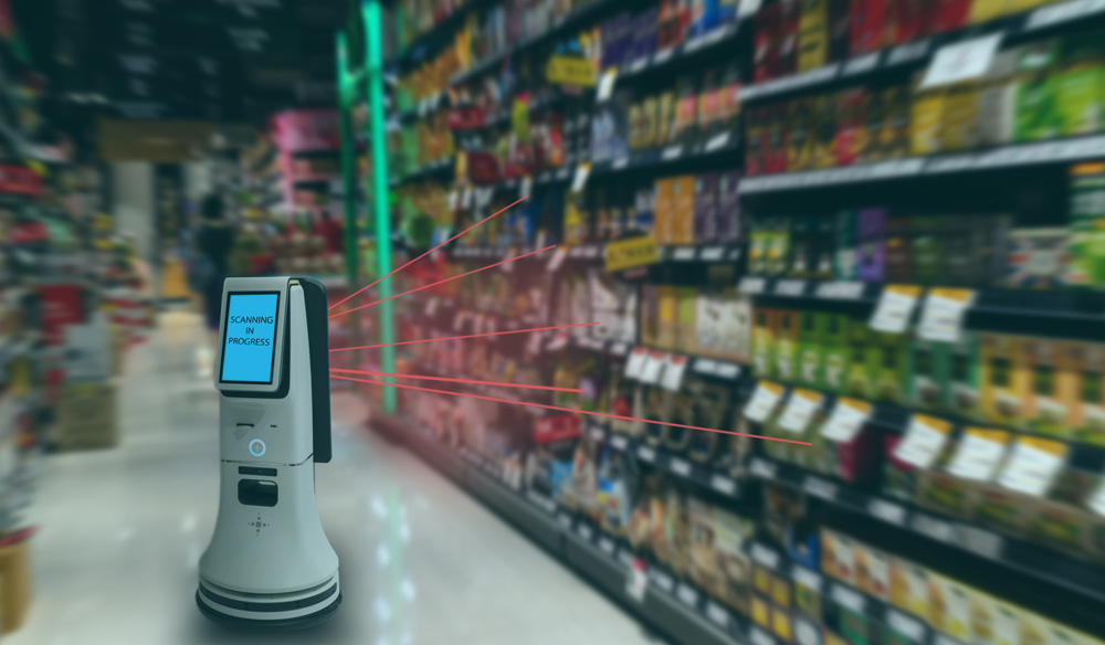 smart retail concept, robot service use for check the data of or Stores that stock goods on shelves with easily-viewed barcode and prices or photo compared against an idealized representation of store, Keyword Roboter.
(c) AdobeStock