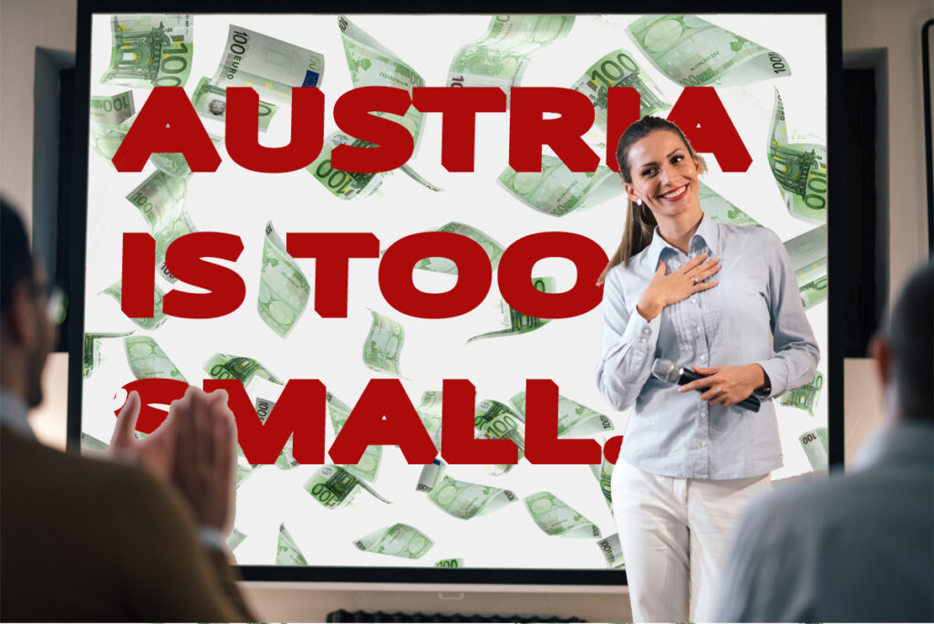 Eine Frau mit Mikrofon in der Hand vor einer Leinwand, auf der fliegende Geldscheine und "Austria is too small" projiziert werden, Stichwort Korruptionsmuseum.
(c) AdobeStock