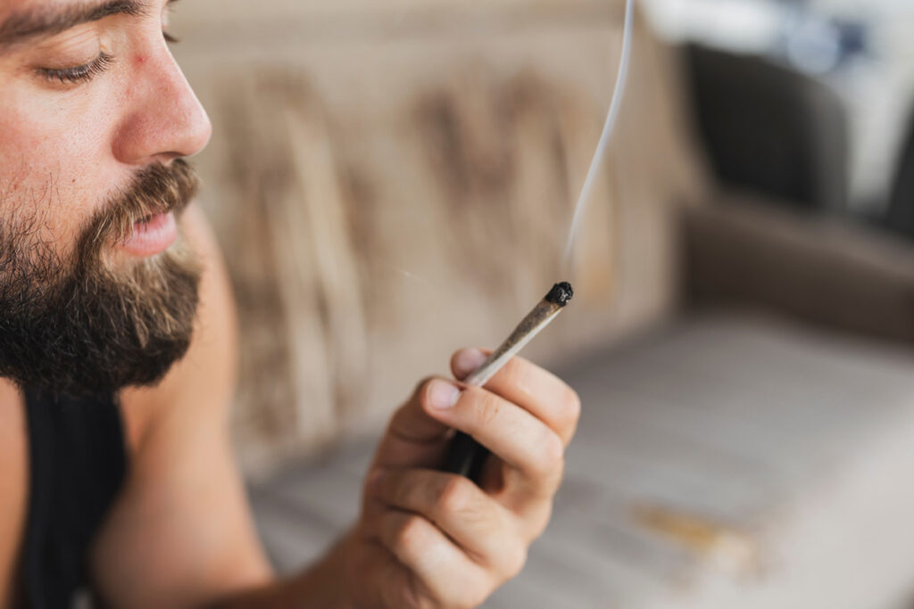 Young man sitting on a couch, relaxing and smoking pot, keyword grinder.
(c) AdobeStock