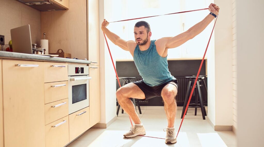 Ein Mann mit einem Gymnastikband beim Training in der Küche.
(c) AdobeStock