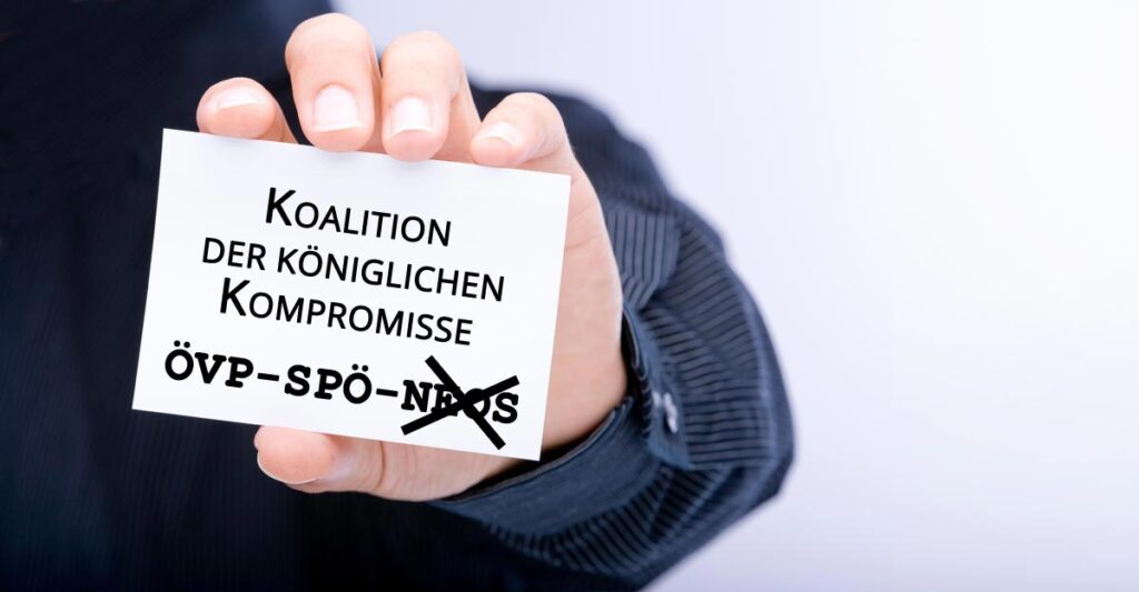 Die Hand eines Mannes, der einen Zettel hält auf dem "Koalition der königlichen Kompromisse ÖVP-SPÖ-NEOS (durchgestrichen)" steht.
(c) AdobeStock/ K2-Magazine